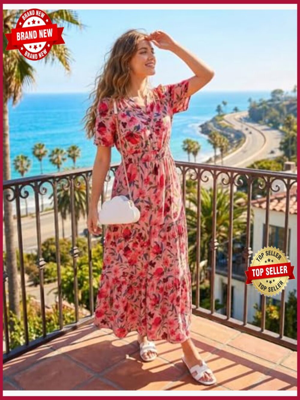 Women's Short Sleeve V Neck Floral Maxi Dress Boho Beach Vacation A-Line - Picture 2 of 7